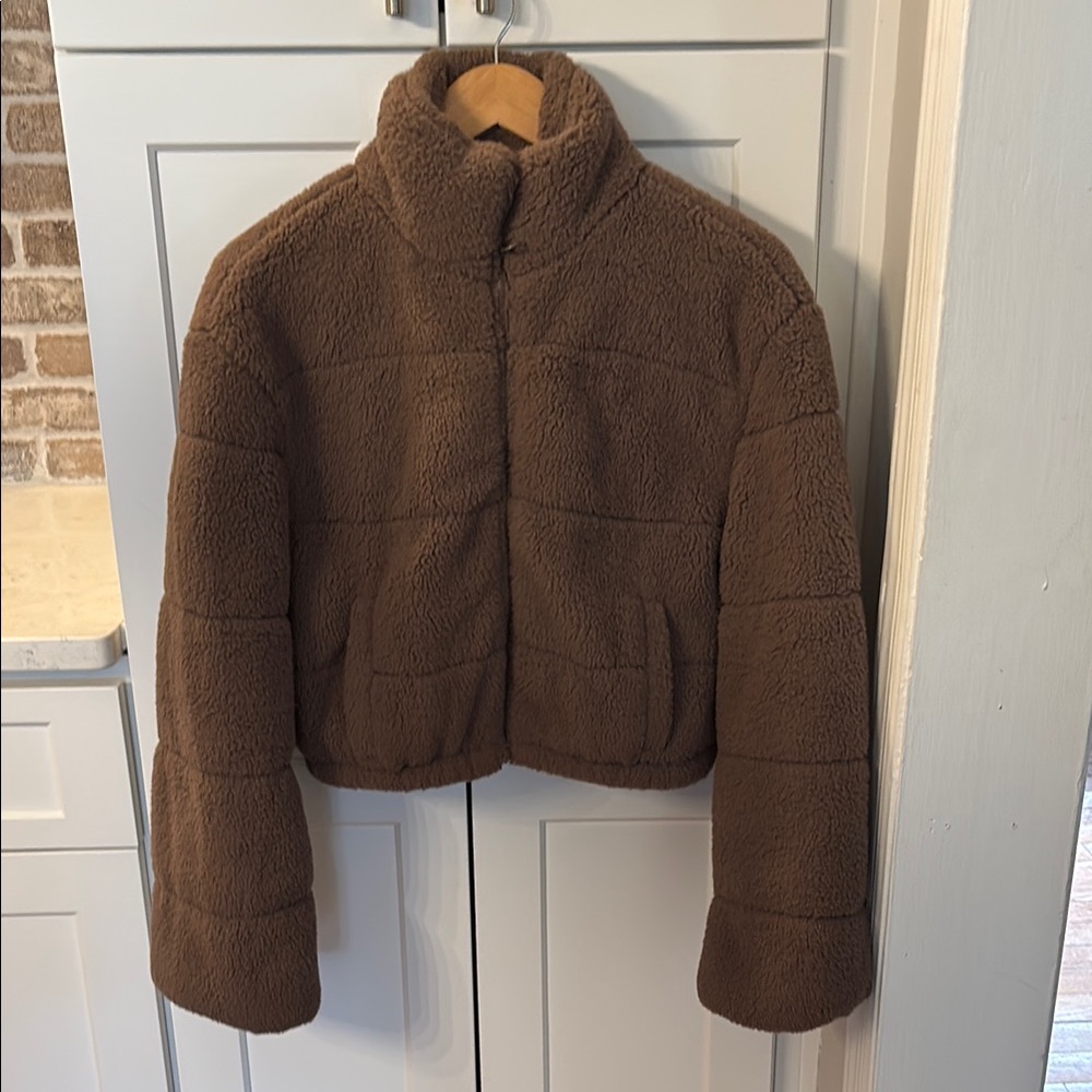Love Tree Brown Teddy Jacket with Plush Texture and Stand-Up Collar